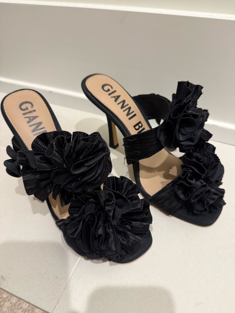 Gianni Bini Black Floral Ruffled Stiletto Mules